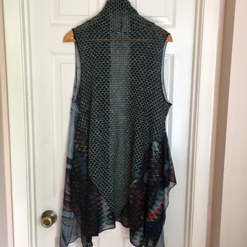 Sleeveless cardigan. Multi-colored with teals and blues. - Picture 8 of 11